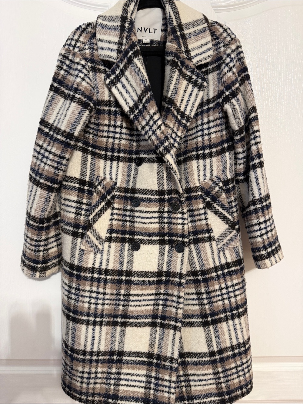 NVLT Black & Cream Plaid Double-Breasted Pea Coat